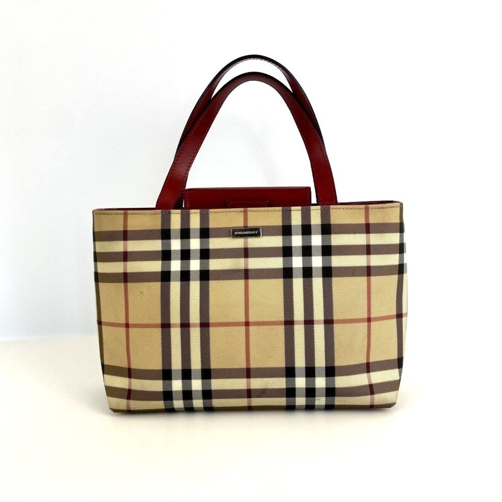 🔥🔥 sale.Burberry T-02-1 Handbag Small Tote Nova Check with Red Leather Straps, - Picture 1 of 17